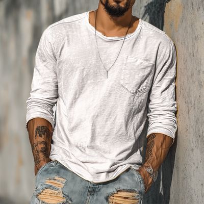 Troy | Men'S Spring And Summer Casual Tough Guy Style Round Neck Raw Edge Bamboo Cotton Long Sleeve T-Shirt
