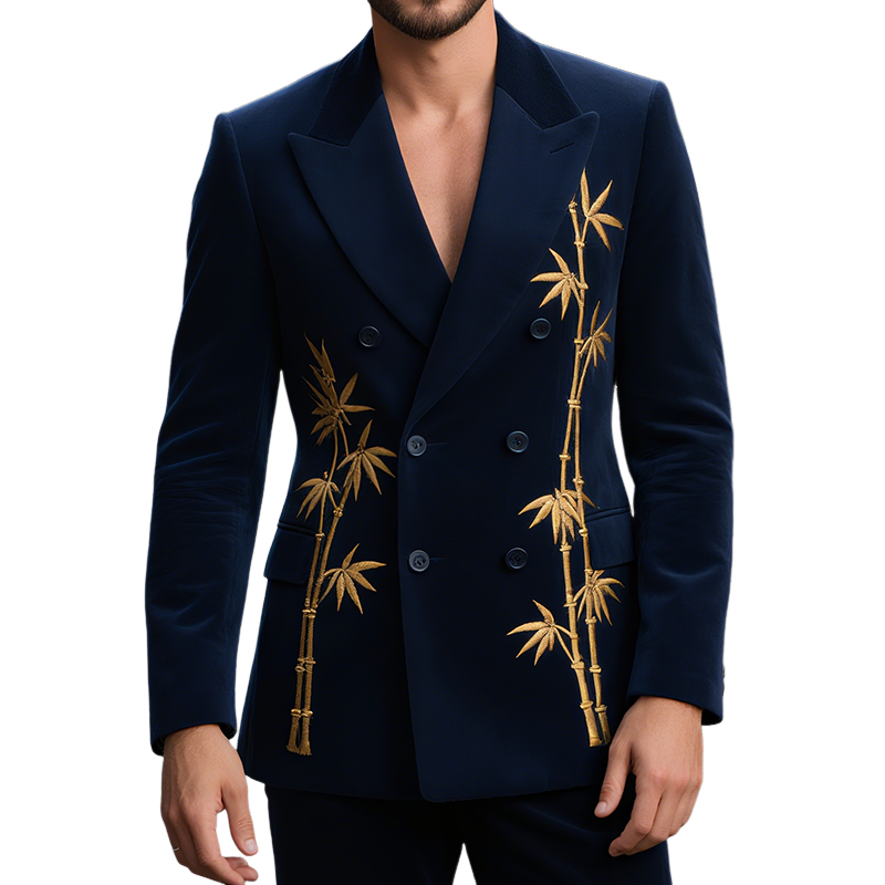 Abram | Men'S Vintage Casual Velvet Bamboo Embroidery Double Breasted Blazer
