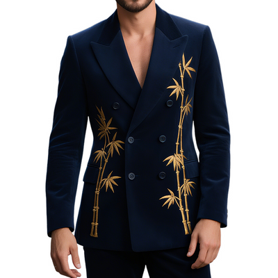 Abram | Men'S Vintage Casual Velvet Bamboo Embroidery Double Breasted Blazer
