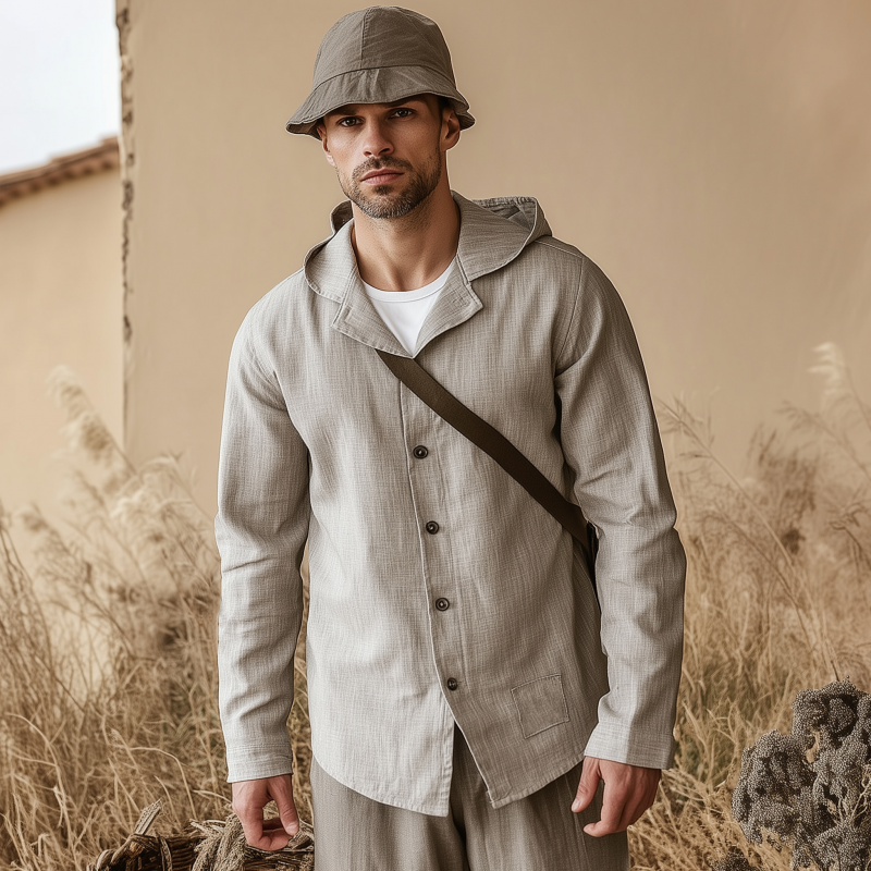 Aaron | Men'S Casual Solid Color Breathable Linen Lapel Hooded Loose Long Sleeve Shirt