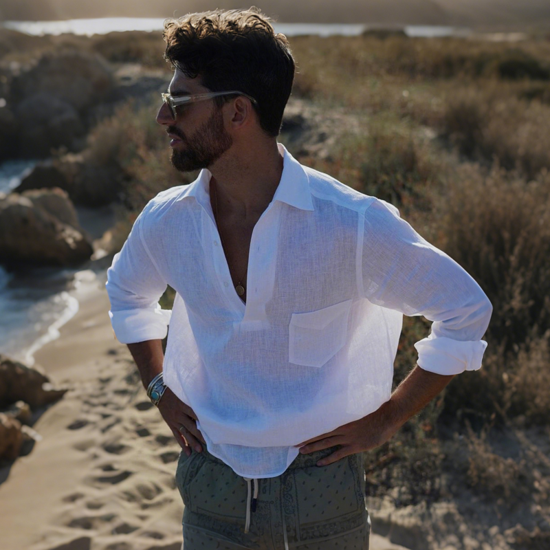 Christian | Men'S Casual Solid Color Breathable Linen Button-Up Lapel Patch Pocket Loose Long Sleeve Shirt