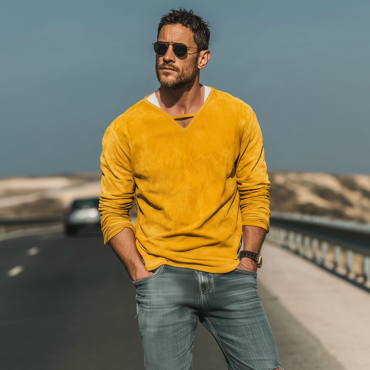 Wayne | Men'S Spring And Summer Fashion Casual Thin Suede V-Neck Loose Long-Sleeved T-Shirt