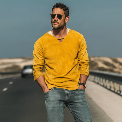 Wayne | Men'S Spring And Summer Fashion Casual Thin Suede V-Neck Loose Long-Sleeved T-Shirt
