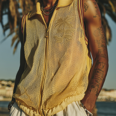 Mitchell | Men'S Spring And Summer Fashion Casual Mesh Zipper Lapel Embroidered Sleeveless Shirt