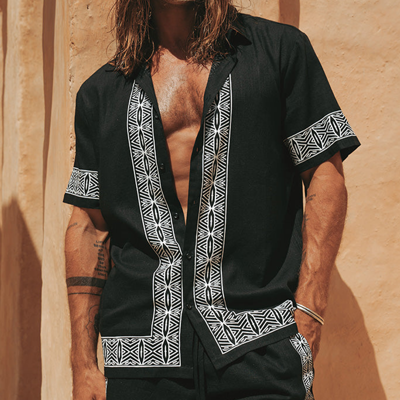 Milton | Men'S Summer Casual Cotton And Linen Printed Lapel Short-Sleeved Shirt