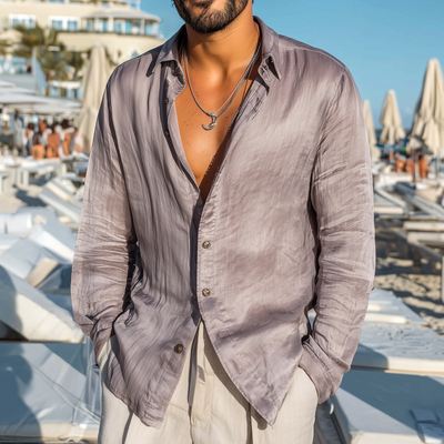 Roland | Men'S Casual Breathable Solid Color Tencel Blended Lapel Loose Long Sleeve Shirt