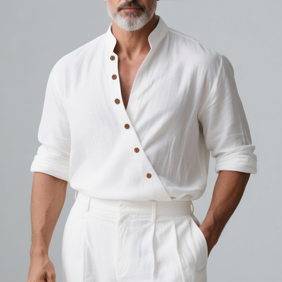 Roman | Men'S Solid Color Cotton And Linen Slanted Placket Long Sleeve Shirt