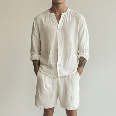 Arturo | Men'S Casual Breathable Solid Color Cotton Linen Loose Long Sleeve Shirt Elastic Waist Shorts Set