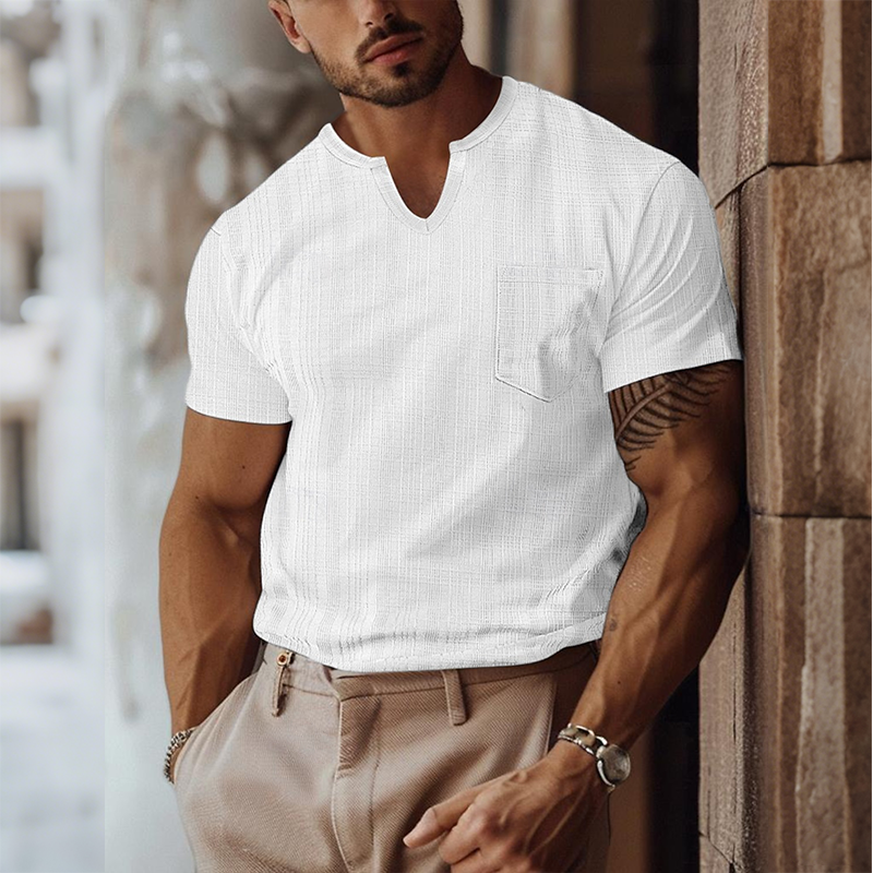 Ian | Men'S Retro Casual Solid Color Pocket Small V-Neck Short Sleeve T-Shirt