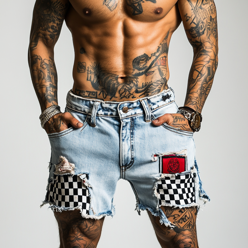 Gregory | Men'S Ripped Check Denim Shorts