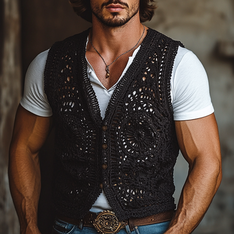 Miguel | Men'S Western Style Black Crochet Single Breasted Vest