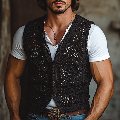 Miguel | Men'S Western Style Black Crochet Single Breasted Vest