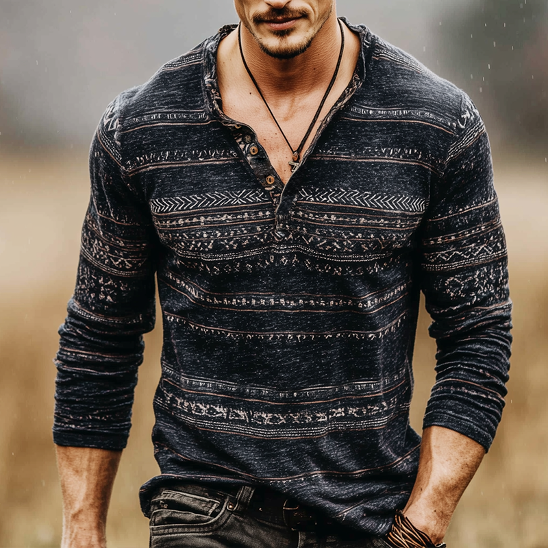 Bradley | Men'S Retro Casual Wilderness Ethnic Style Printed Henry Long Sleeve T-Shirt