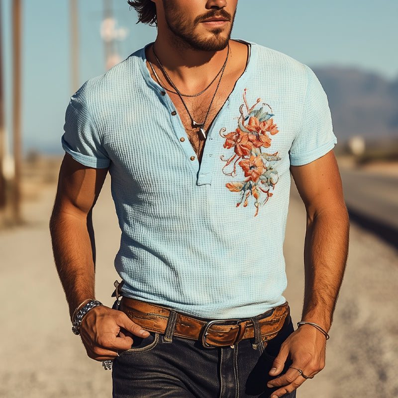 Ricardo | Men'S Waffle Henley Neck Embroidered Short Sleeve T-Shirt