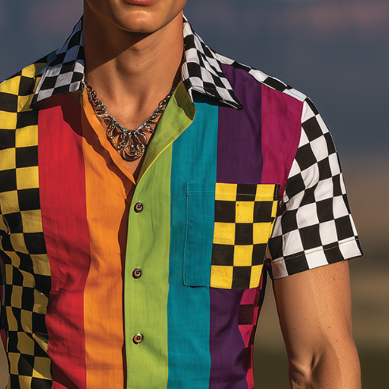 Dale | Men'S Retro Casual Rainbow Checkerboard Print Lapel Short Sleeve Shirt