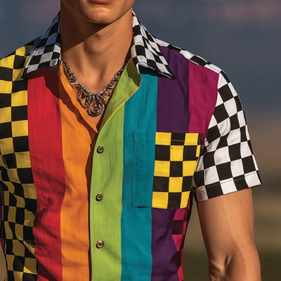 Dale | Men'S Retro Casual Rainbow Checkerboard Print Lapel Short Sleeve Shirt