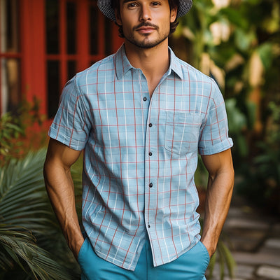 Stephen | Men'S Summer Basic Blue Plaid Short Sleeve Shirt