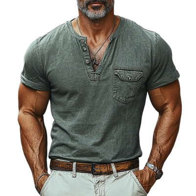 Pedro | Men'S Washed Pocket Solid Color Short Sleeve Denim Henley T-Shirt
