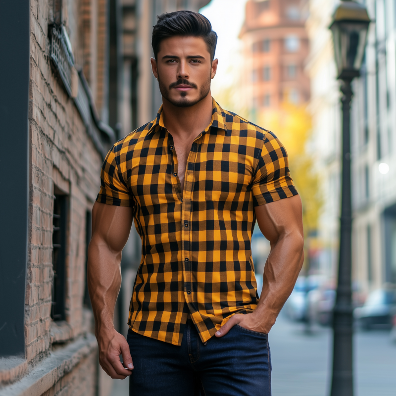 Vince | Men'S Casual Breathable Cotton Plaid Lapel Slim Fit Short Sleeve Shirt