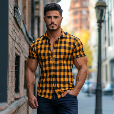Vince | Men'S Casual Breathable Cotton Plaid Lapel Slim Fit Short Sleeve Shirt