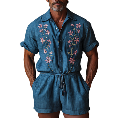 Forrest | Men'S Summer Fashion Embroidery Slub Cotton Short Sleeve Jumpsuit
