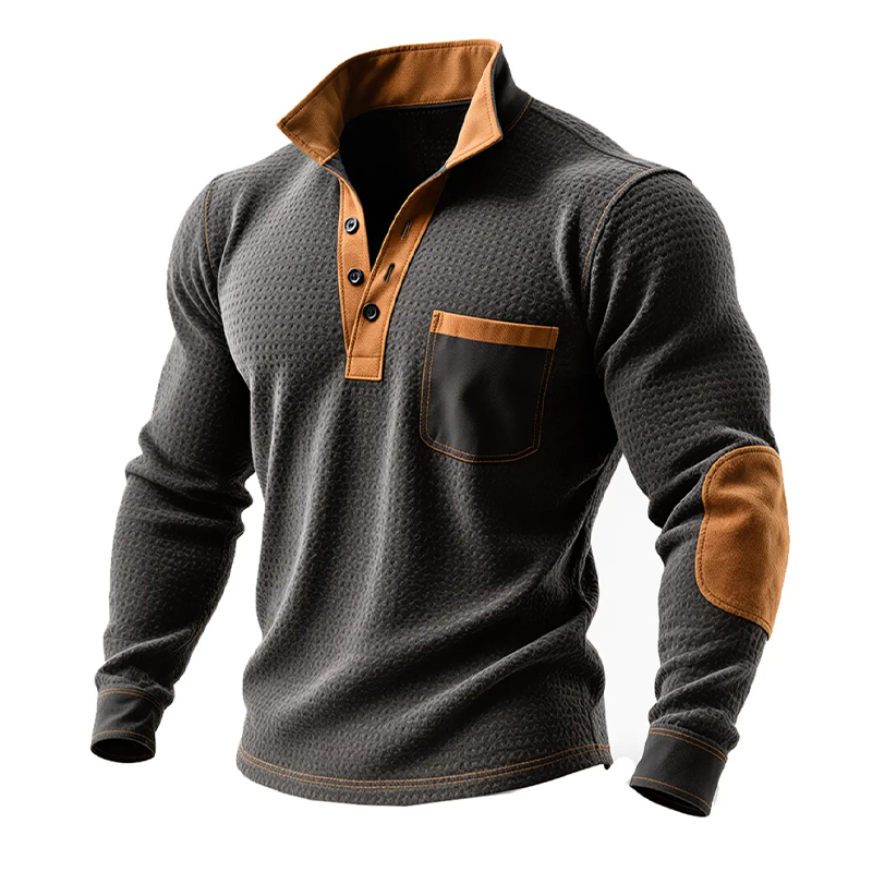 Amaru® | Men's Retro Western Cowboy Style Stitching Faux Suede Lapel Long Sleeve Polo Shirt MTA0907J5X