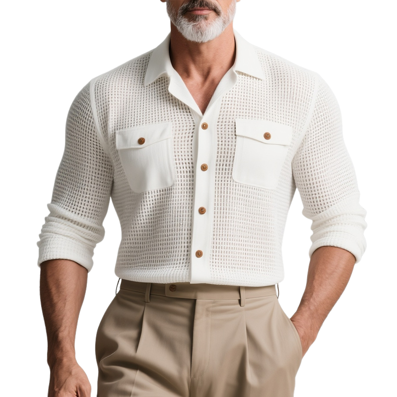 Quintin | Men'S Solid Hollow Out Fabric Lapel Long Sleeve Shirt