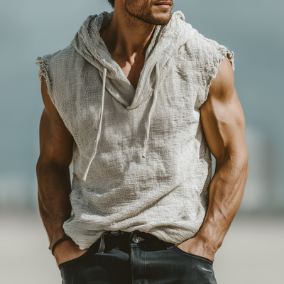 Ty | Men'S Casual Breathable Cotton Linen Striped Hooded Loose Raw Edge Sleeveless Tank Top