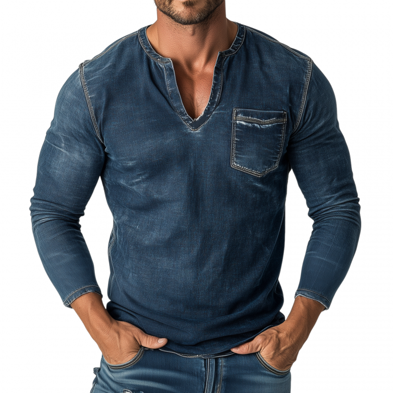Oscar | Men'S Vintage Washed Distressed V-Neck Patch Pocket Slim Fit Long Sleeve Denim T-Shirt