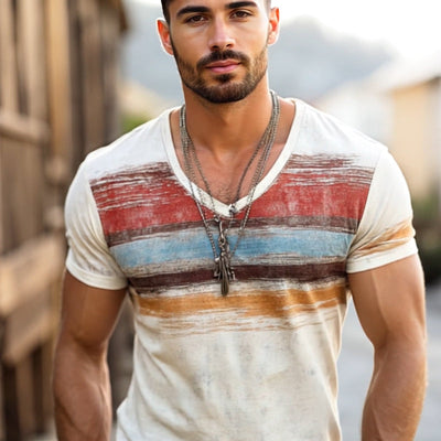 Men's Retro Casal Shabby Striped Printed V-Neck Short Sleeve T-Shirt