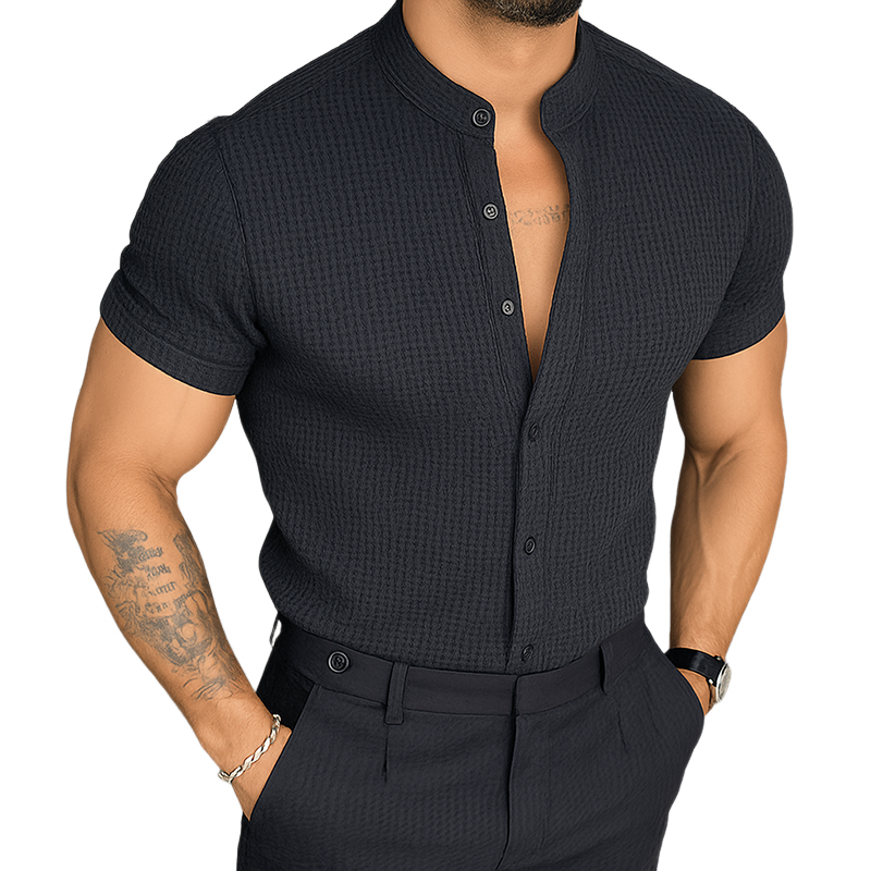 Harvey | Men'S Retro Casual Solid Color Waffle Stand Collar Short Sleeve Shirt