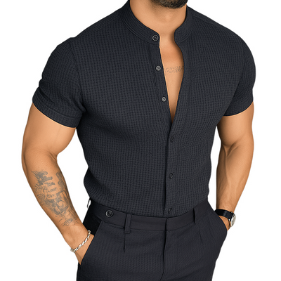 Harvey | Men'S Retro Casual Solid Color Waffle Stand Collar Short Sleeve Shirt