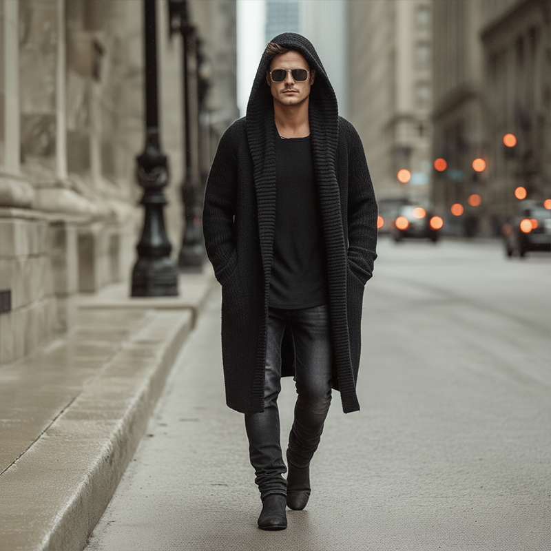 Men's Atmn And Winter Fashion Solid Color Cotnarnnitted Long Hooded Cardigan