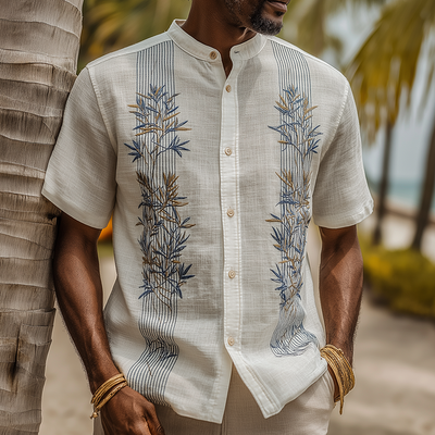 Wayne | Men'S Summer Fashion Leaf Embroidery Slub Linen Henley Collar Short Sleeve Shirt