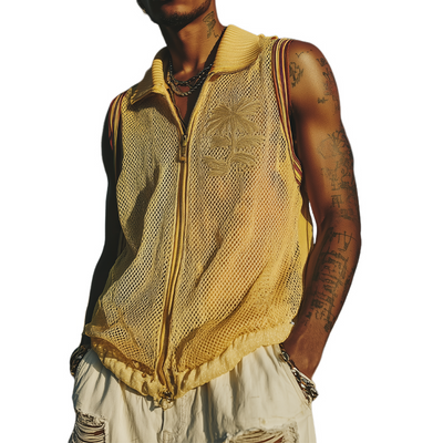 Mitchell | Men'S Spring And Summer Fashion Casual Mesh Zipper Lapel Embroidered Sleeveless Shirt