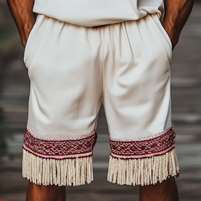 Douglas | Men'S Bohemian Embroidered Tassels Cotton Elastic Waist Loose Shorts