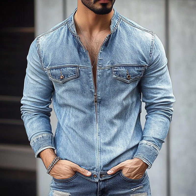 Jeffrey | Men'S Vintage Washed Distressed Stand Collar Zipper Denim Jacket