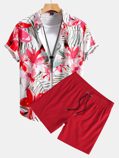 Melchor® | Flower Plants Print Button Up Shirt & Swim Shorts
