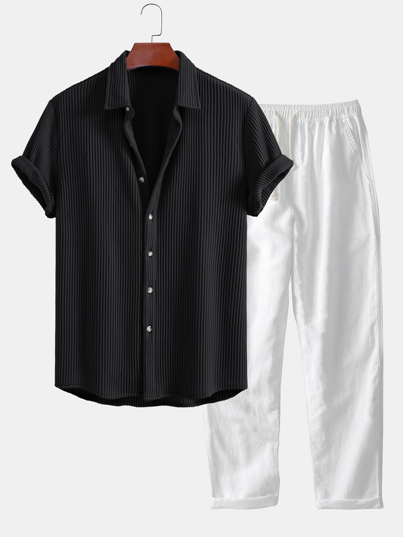 Alex® | Waffle Button Up Shirt & Straight Leg Linen Pants