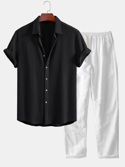 Alex® | Waffle Button Up Shirt & Straight Leg Linen Pants