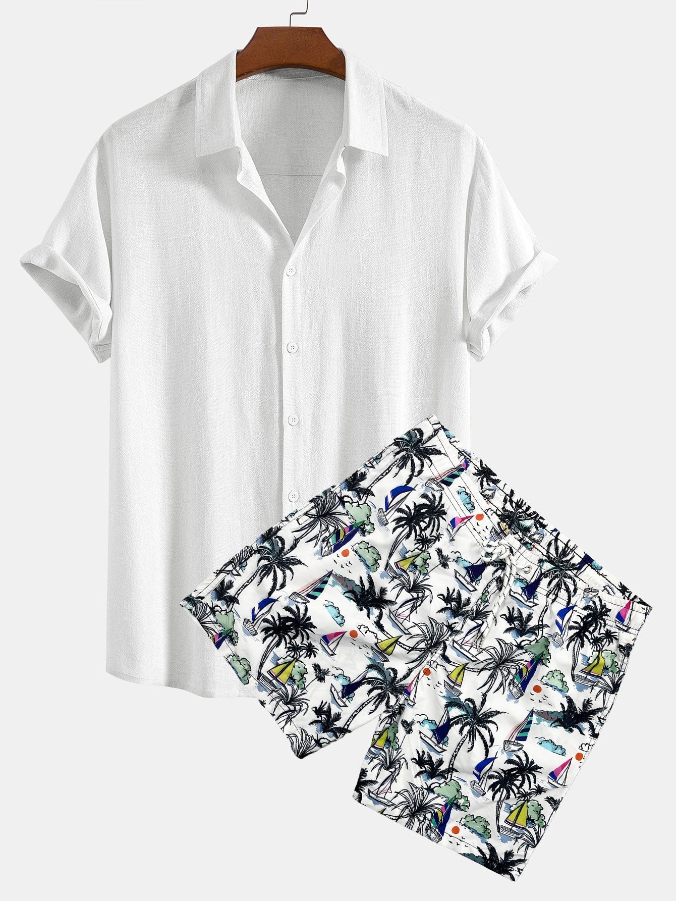 Bartolomé® | Linen Rayon Blend Button Up Shirt & Palm Tree Sailboat Print Swim Shorts