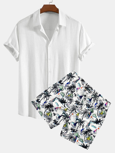 Bartolomé® | Linen Rayon Blend Button Up Shirt & Palm Tree Sailboat Print Swim Shorts
