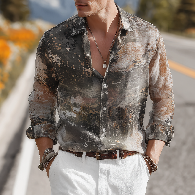 Justin | Men'S Summer Fashion Casual Chiffon Slightly Transparent Sexy Art Print Long Sleeve Shirt