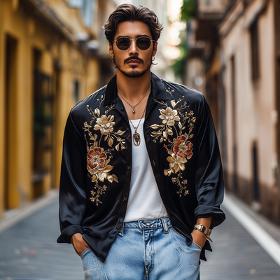 Juan | Men'S Vintage Flower Embroidery Elegant Solid Satin Lapel Loose Long Sleeve Shirt