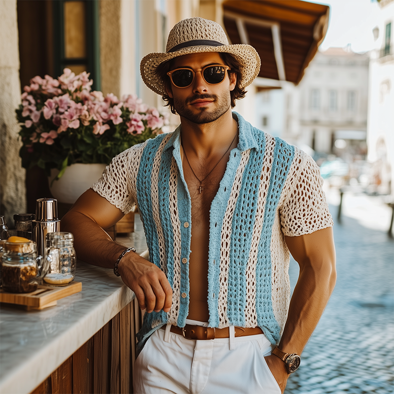 Melvin | Men'S Summer Fashion Casual Knitted Hollow Vertical Striped Short-Sleeved Shirt