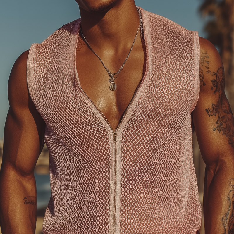 Milo | Men'S Spring And Summer Fashion Casual Mesh Slim Zipper Deep V Neck Sleeveless Shirt