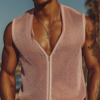 Milo | Men'S Spring And Summer Fashion Casual Mesh Slim Zipper Deep V Neck Sleeveless Shirt
