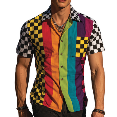 Dale | Men'S Retro Casual Rainbow Checkerboard Print Lapel Short Sleeve Shirt