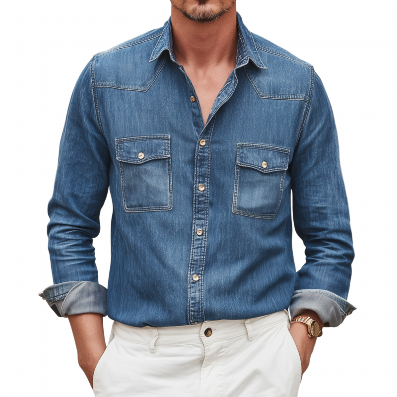 Clayton | Men'S Vintage Denim Washed Distressed Lapel Chest Pocket Slim Fit Western Cowboy Long Sleeve Shirt
