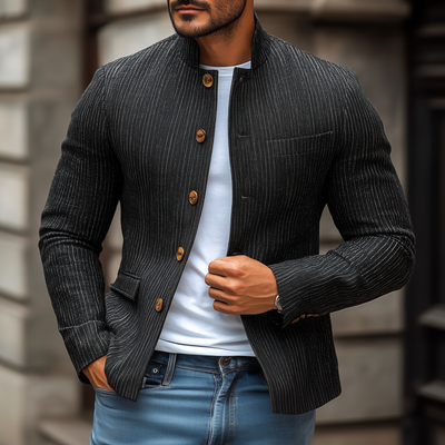 Lee | Men'S Stylish Linen Striped Stand Collar Single Breasted Slim Short Blazer